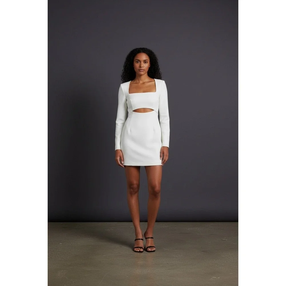 MISHA White Long Sleeve Cutout Square‎ Neck Mini Dress Size US 2